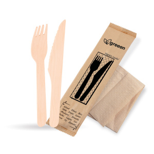 Sada dřevěných příborů (FSC 100%/PAP) nůž+vidlička+ubrousek   [50sad]