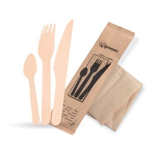Sada dřevěných příborů (FSC 100%/PAP) nůž+vidlička+lžička+ubrousek  [50sad]