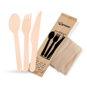 Sada dřevěných příborů (FSC 100%/PAP) lžíce+ nůž+vidlička+ubrousek  [50sad]
