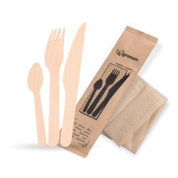 Sada dřevěných příborů (FSC 100%/PAP) nůž+vidlička+lžička+ubrousek  [50sad]